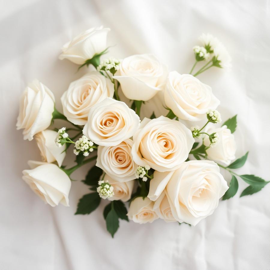 White garden roses on soft linen